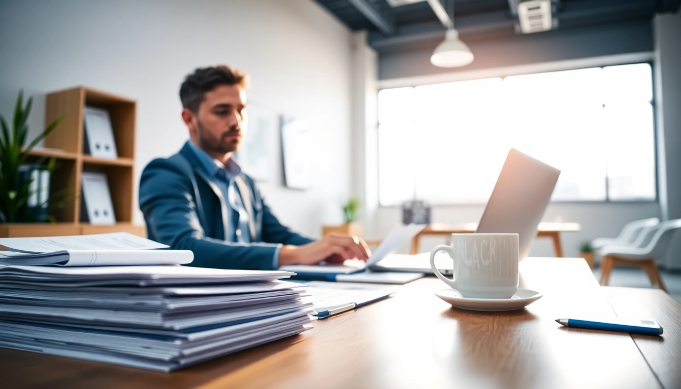 Bookkeeping service being performed by a professional in a modern office environment.