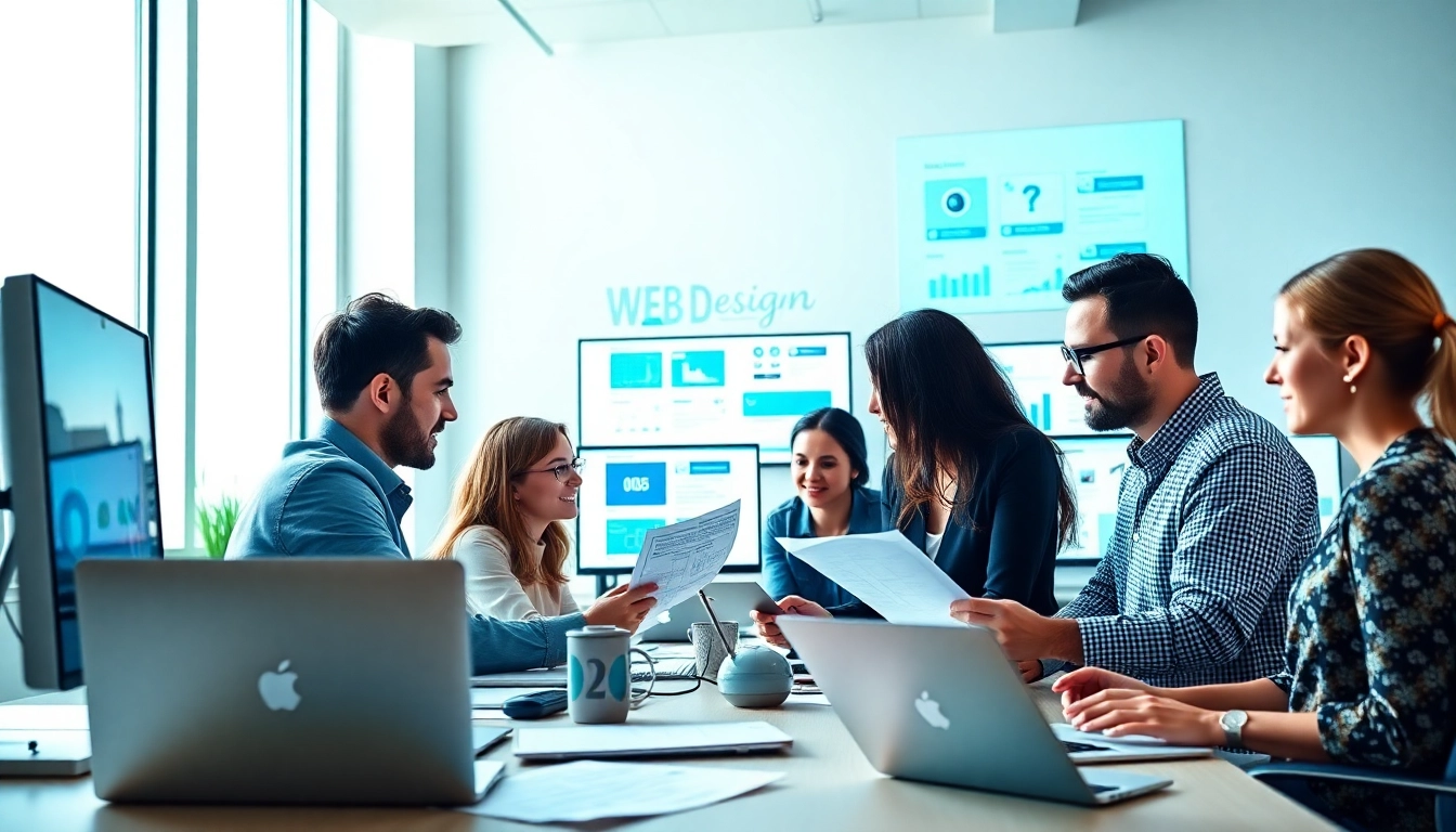 Marketing team collaborating on innovative web design strategies in a bright workspace.