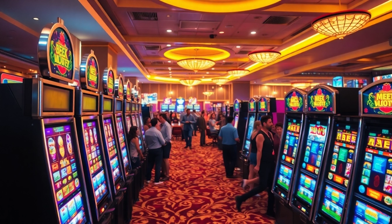 Permainan bandar slot yang menarik dengan lampu cerah dan pemain antusias.