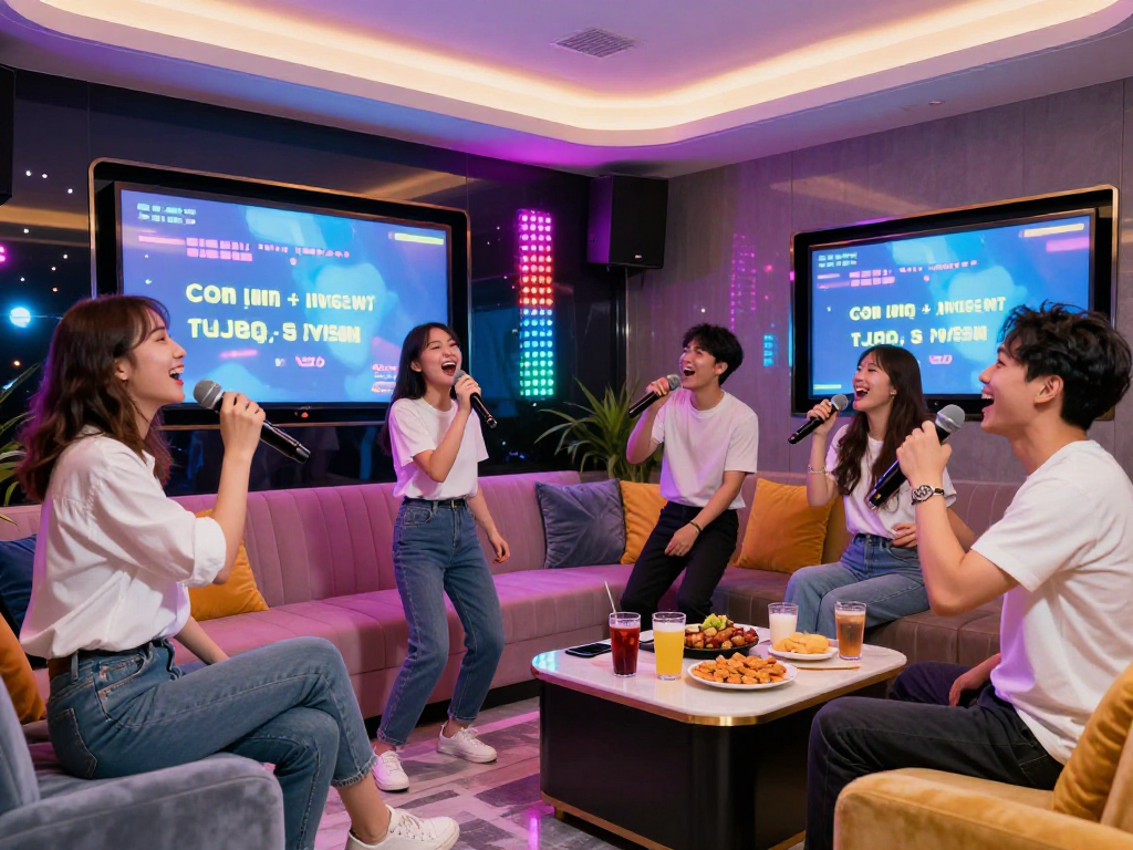 강남 타이밍과 함께하는 다이나믹한 가라오케 장면, 친구들이 즐겁게 노래하며 웃고 있는 모습