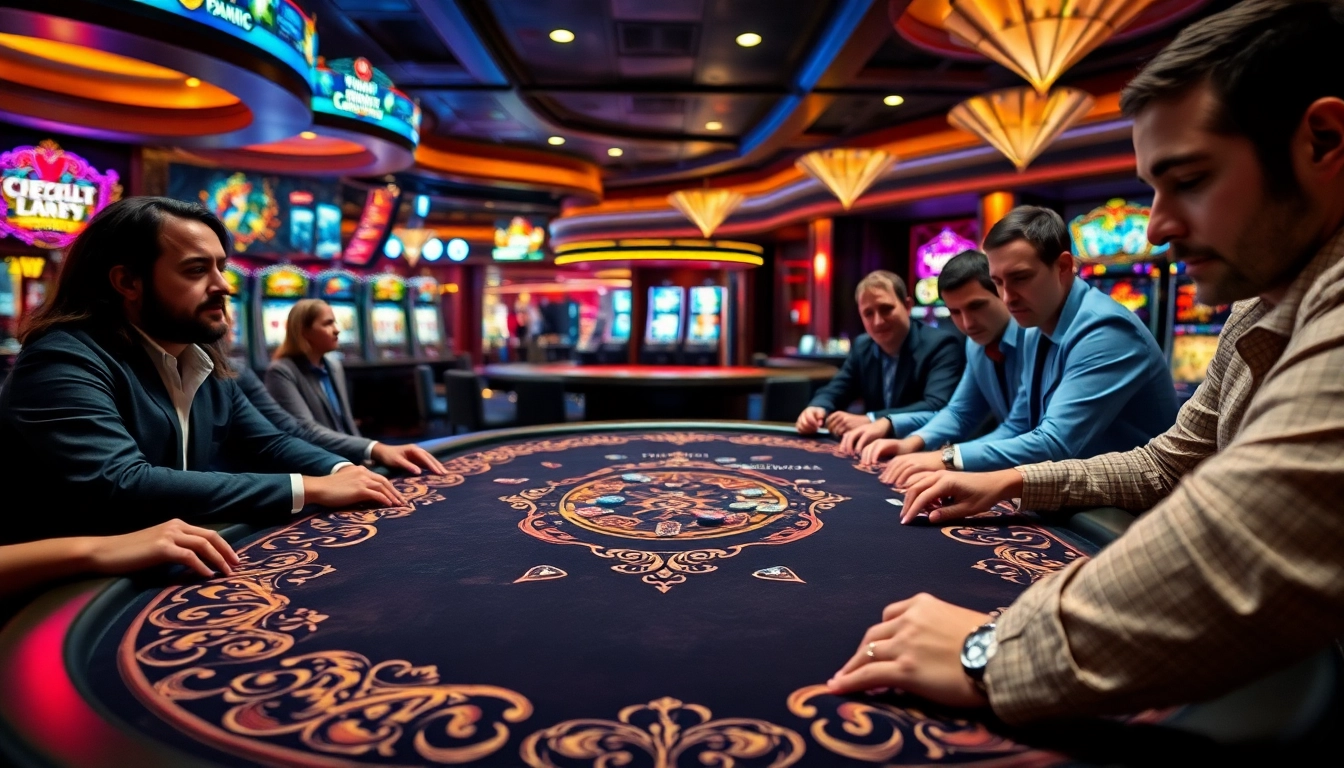 Menggambar suasana kasino di www.agencetitan.com/en/ dengan pemain poker yang bersemangat.