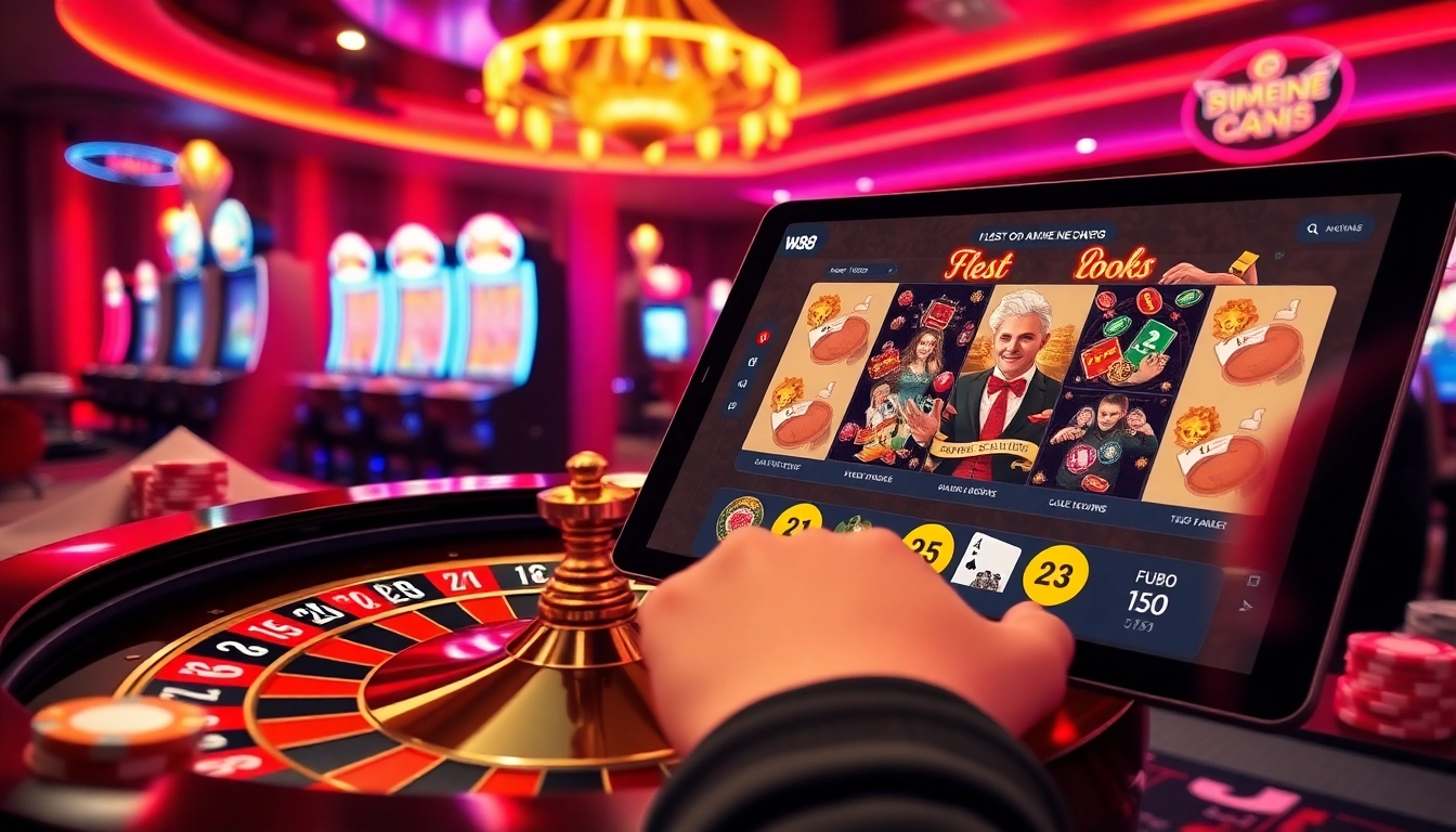 Experience excitement with W88 link mới nhất showcased amidst vibrant casino elements.