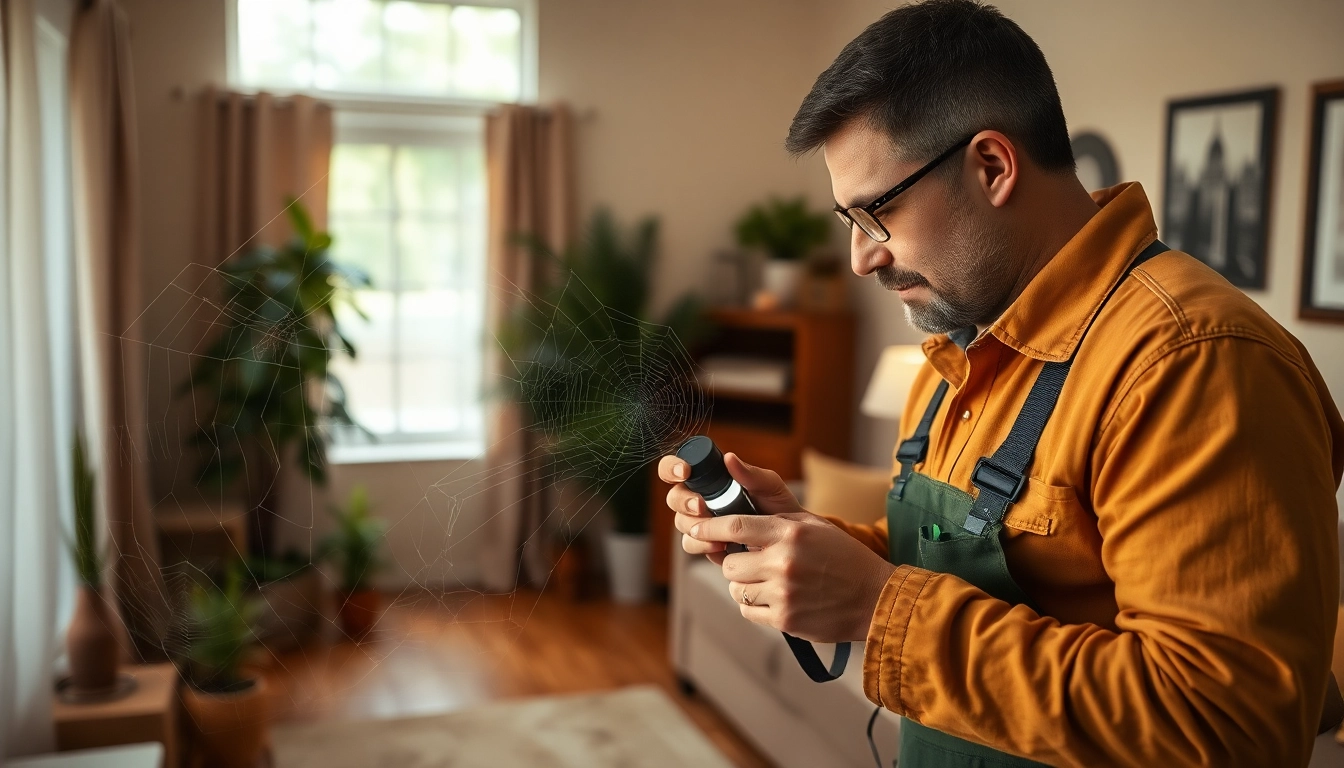 Engaging scene of spider infestation control with a technician inspecting cobwebs in a warm room.