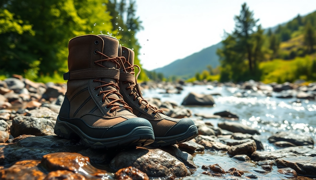 Showcasing fly fishing boots with water droplets on them, highlighting their waterproof features.