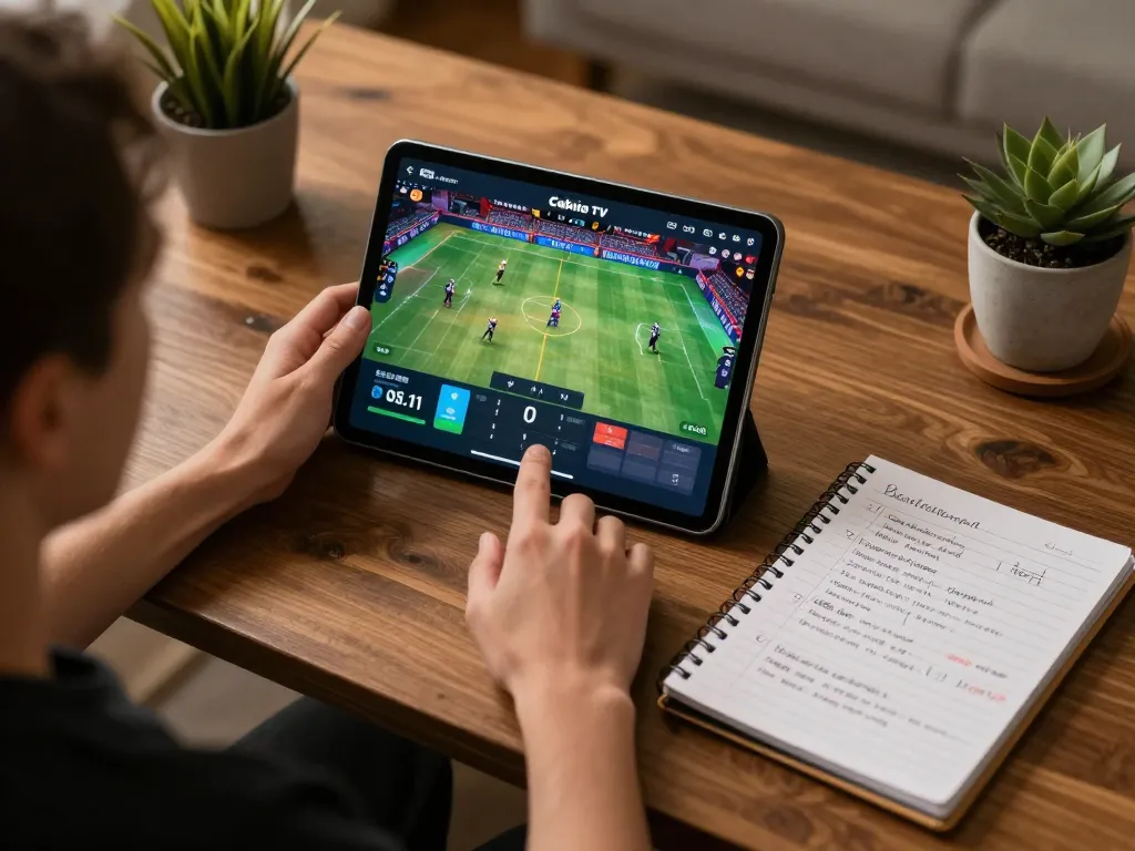 Cakhia tv user engaged in online sports betting while reviewing strategies in a cozy home setup.