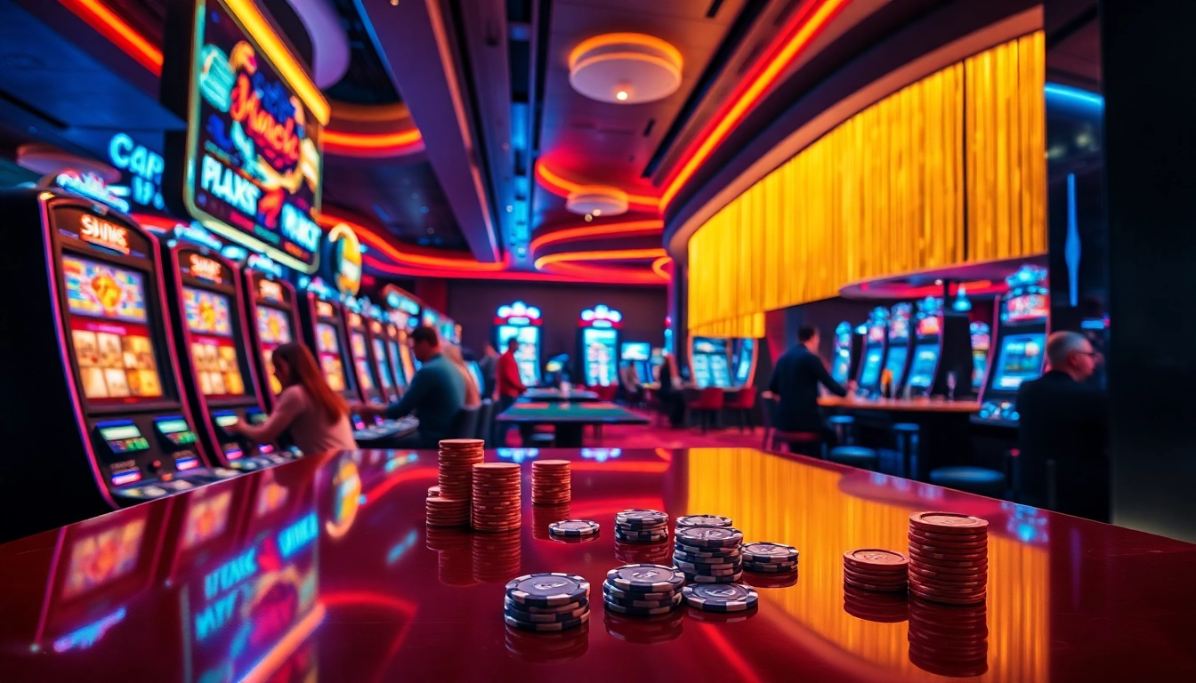 Permainan hoki77 di kasino dengan pemain antusias dan mesin slot berwarna cerah.