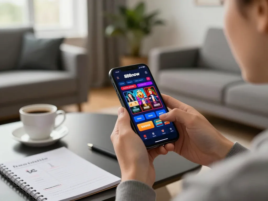 Engaging in 888now đăng nhập on a smartphone in a stylish living room, enjoying a vibrant online casino experience.
