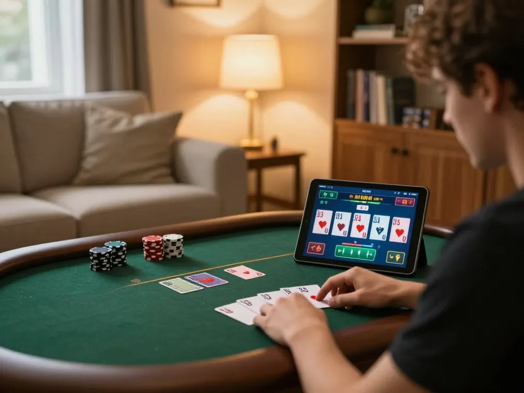 Playing online poker on the Website Bet88 in a cozy home setting with strategic focus and vibrant graphics.