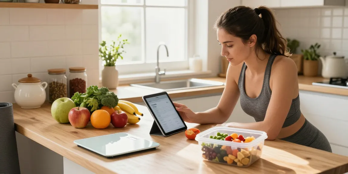 Fitness enthusiast using the best calorie tracking apps in a bright kitchen with healthy meal prep.