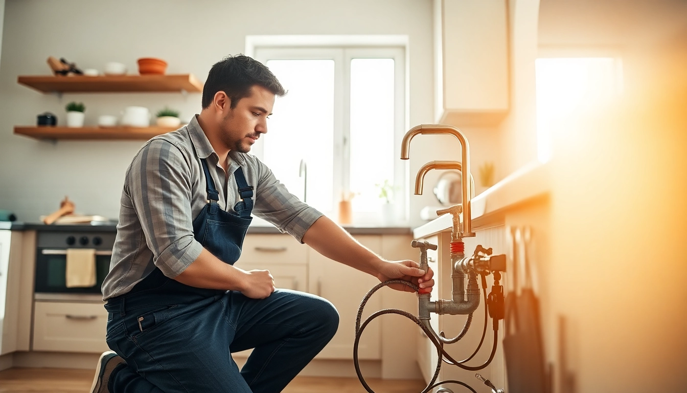 Local plumber repairing a kitchen sink, showcasing expertise in a bright setting.