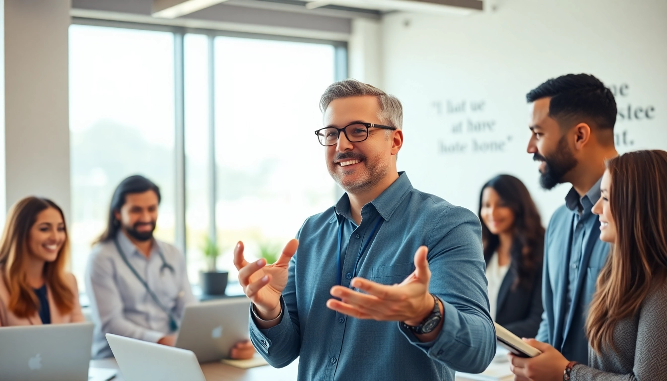 Engaging business coach los angeles guiding a team inside a modern office environment.
