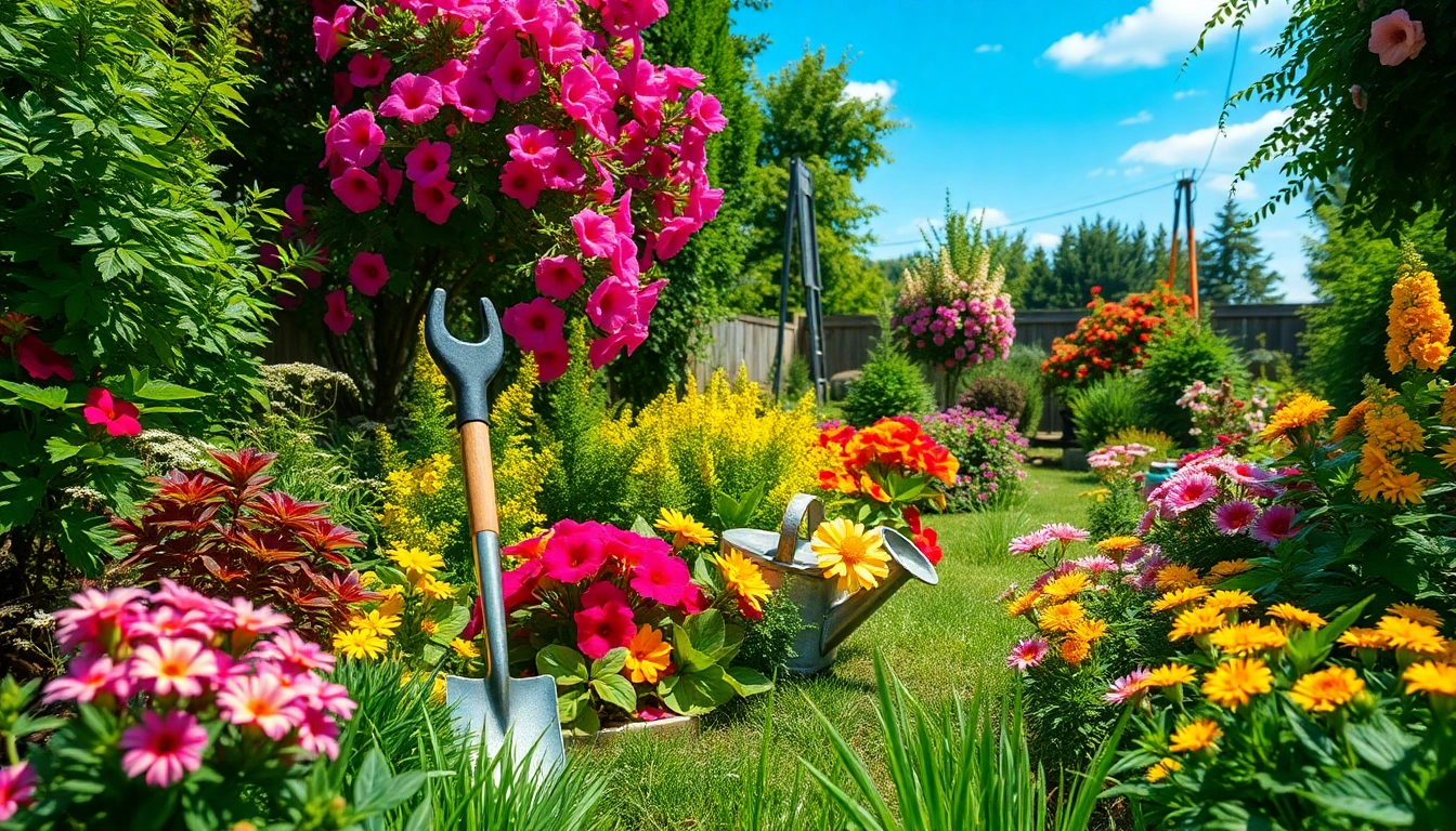 Gardening tools arranged among vibrant flowers and greenery in a picturesque garden.