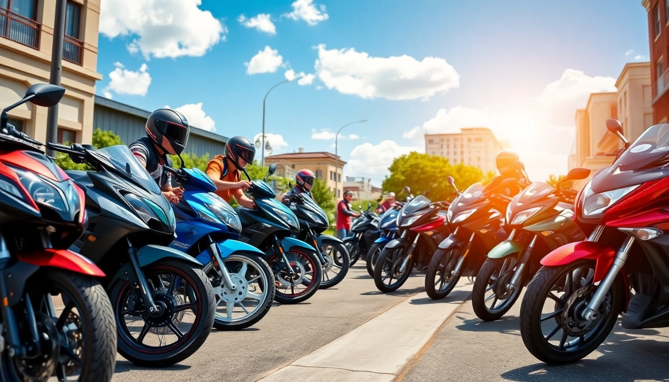 Explore budget DOT approved motorcycles for sale lined up on a sunny city street.