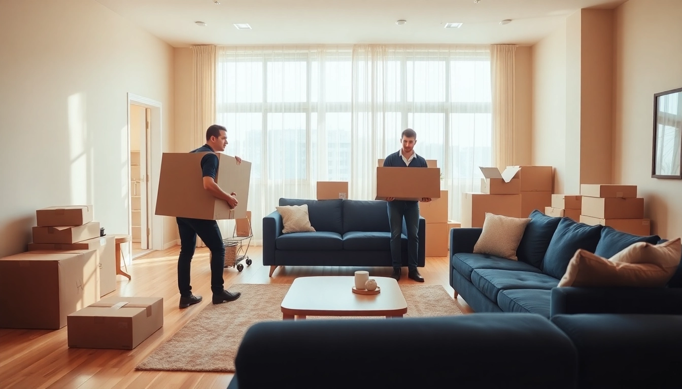 Canadian movers skillfully organizing furniture in a bright, welcoming living room.