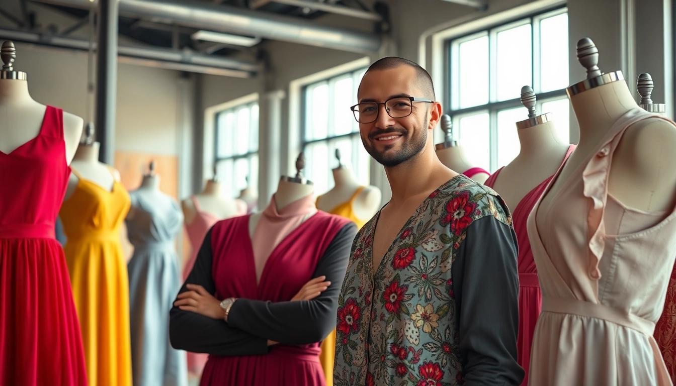 Dresses Manufacturer showcasing vibrant designs in a creative fashion studio.