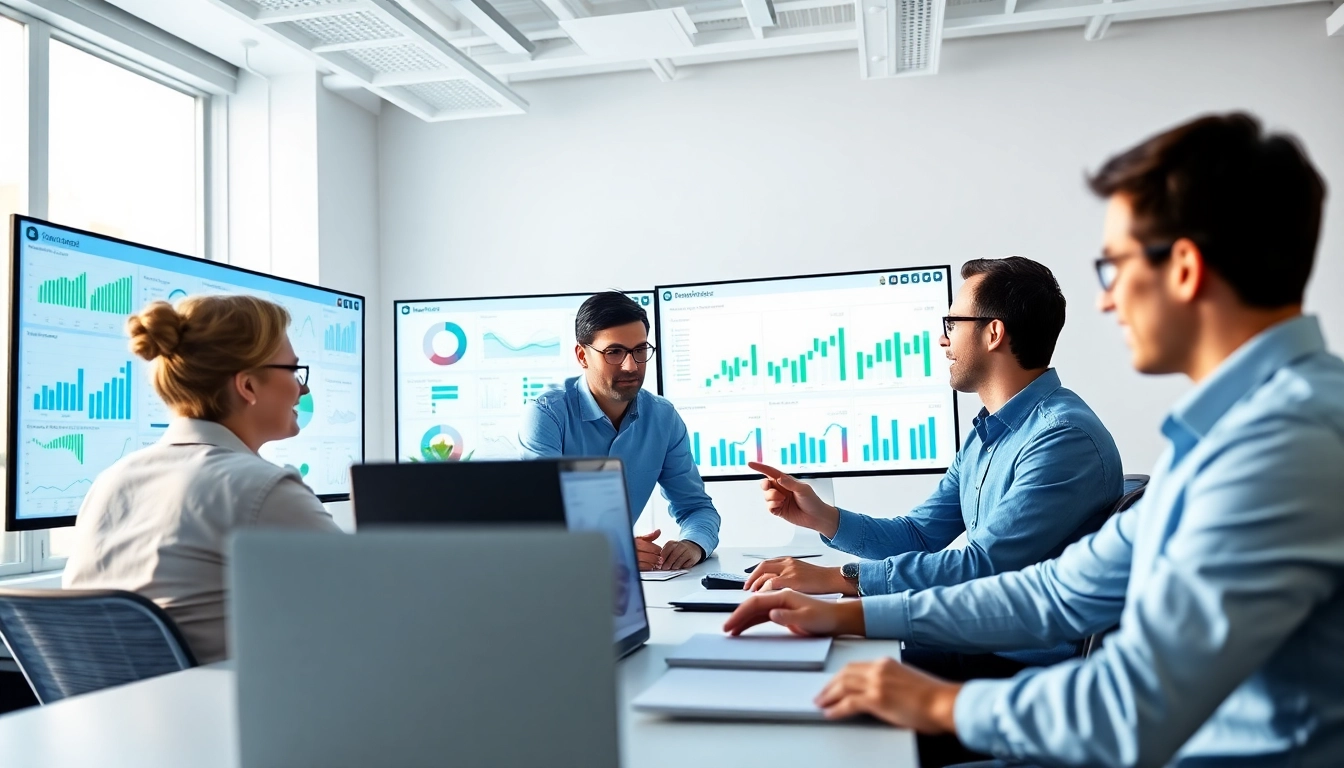 Team analyzing sales content tracking software data on screens in a bright office environment.