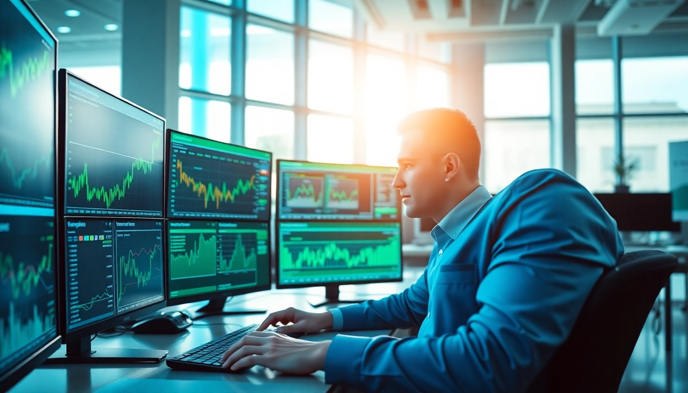Trader engaged in AI-Powered Crypto Quant Trading, analyzing data with multiple screens, exuding a professional atmosphere.