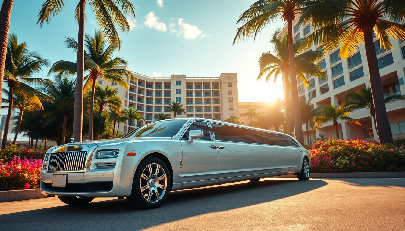 Stylish Miami limousine standing majestically outside a luxurious hotel surrounded by palm trees.