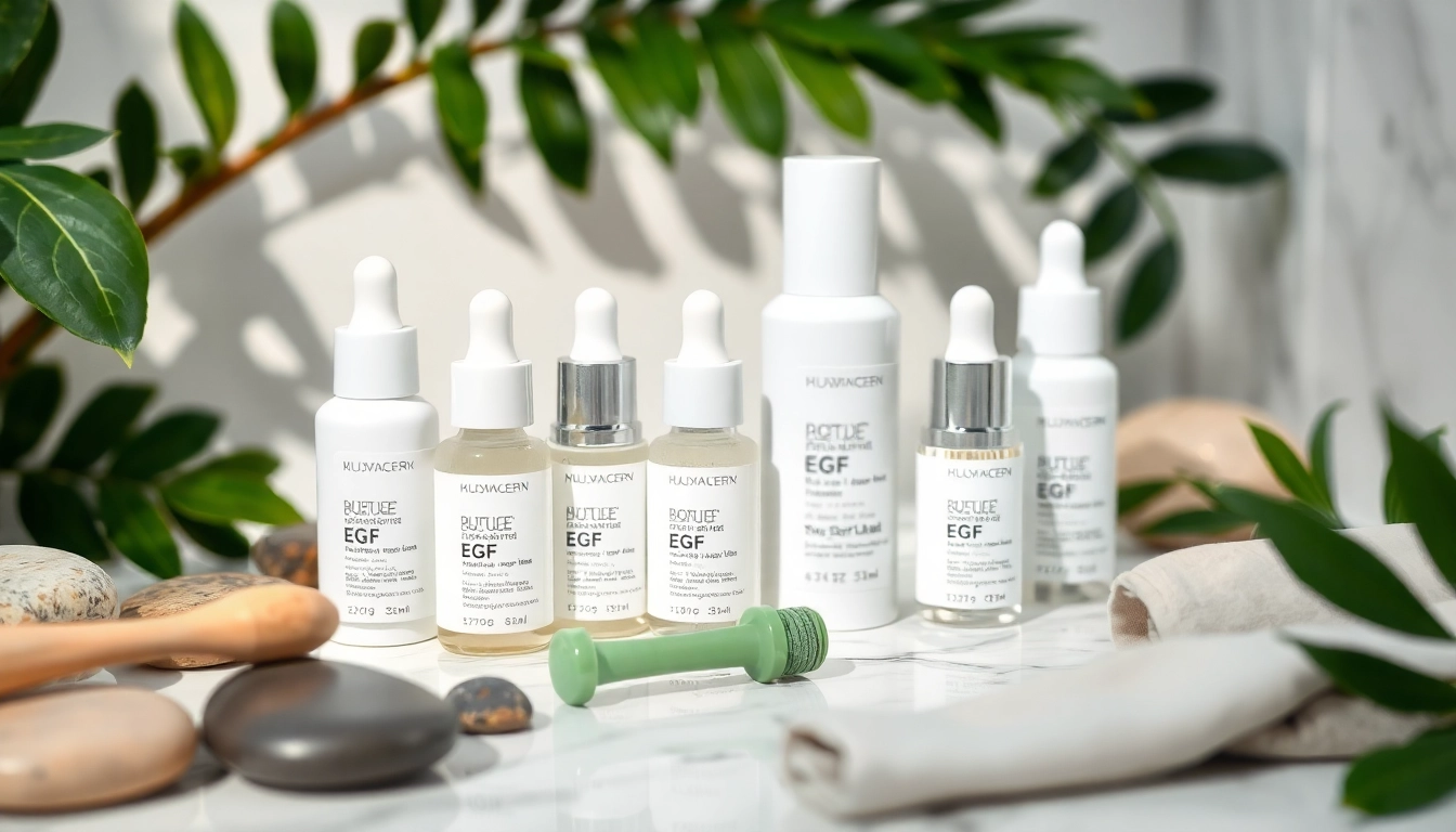 Showcase of the best EGF serum bottles in a serene skincare setting with natural elements.