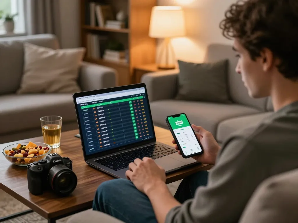 KQBD sports betting scene with engaged bettor analyzing odds on a laptop at home.