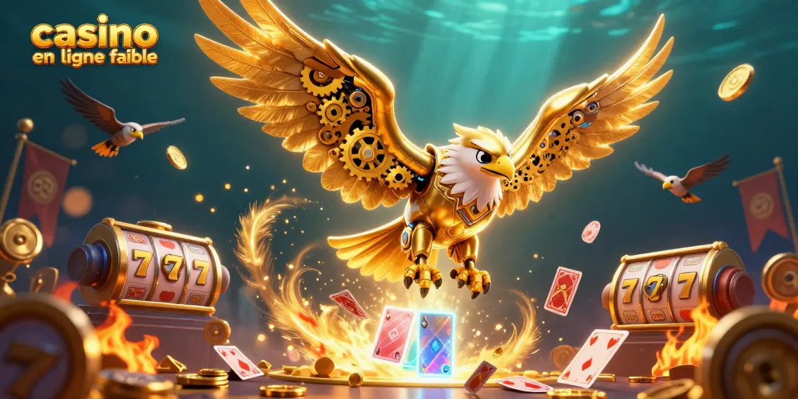 Plongez dans l'univers captivant d'un casino en ligne fiable avec un aigle cybernétique aux ailes dorées, entouré de jetons et de cartes holographiques.