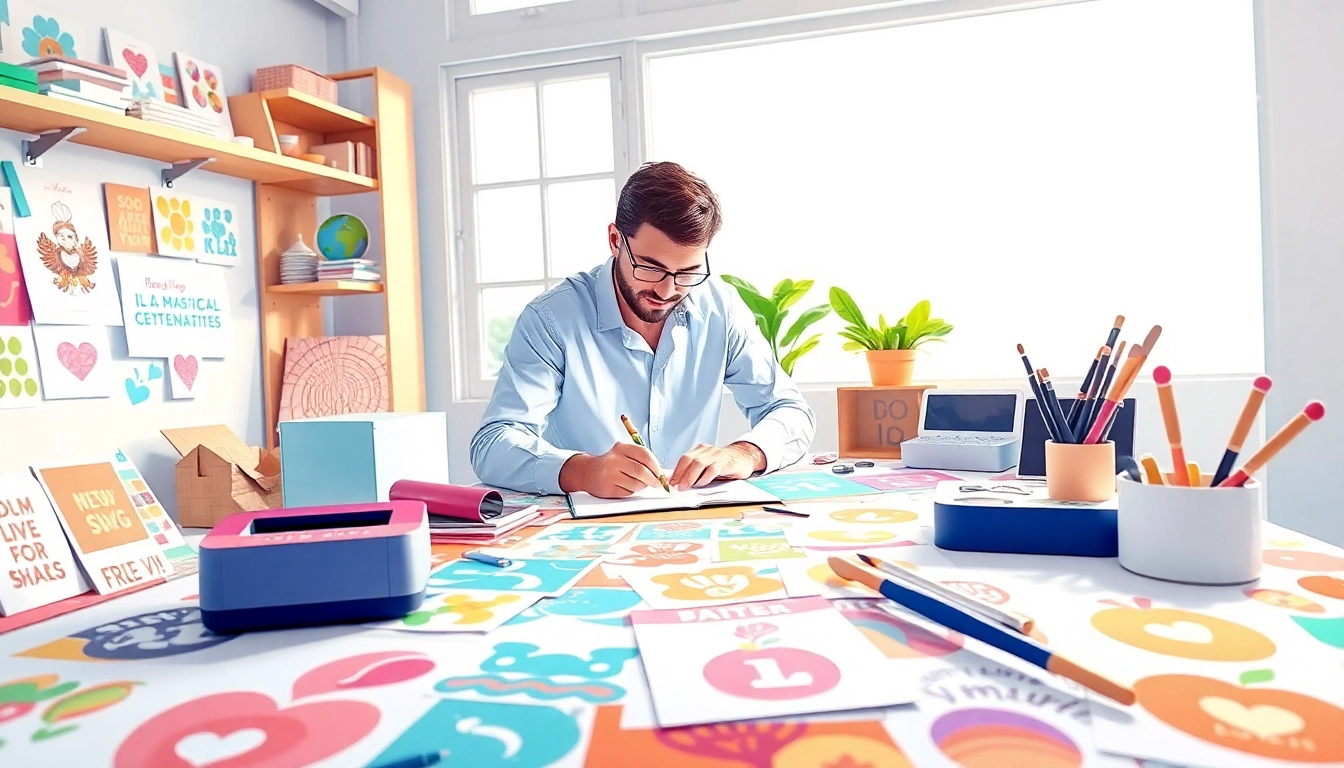 Showcase free svg designs with an artist creating vibrant crafts at a colorful table.