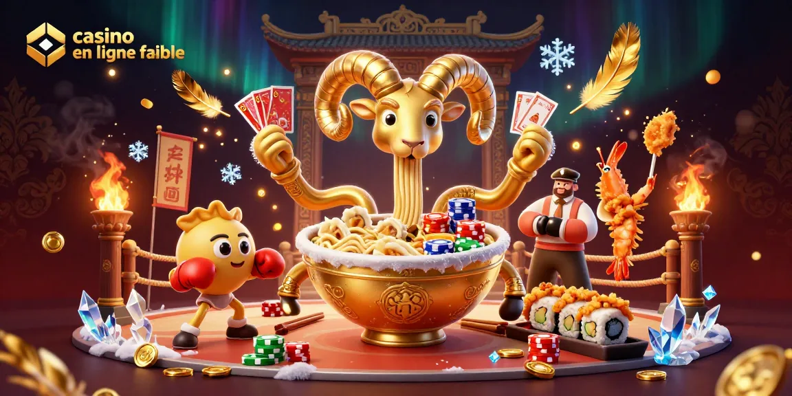 Illustration dynamique d'un casino en ligne fiable avec un bol de ramen géant et des personnages jouant aux cartes.