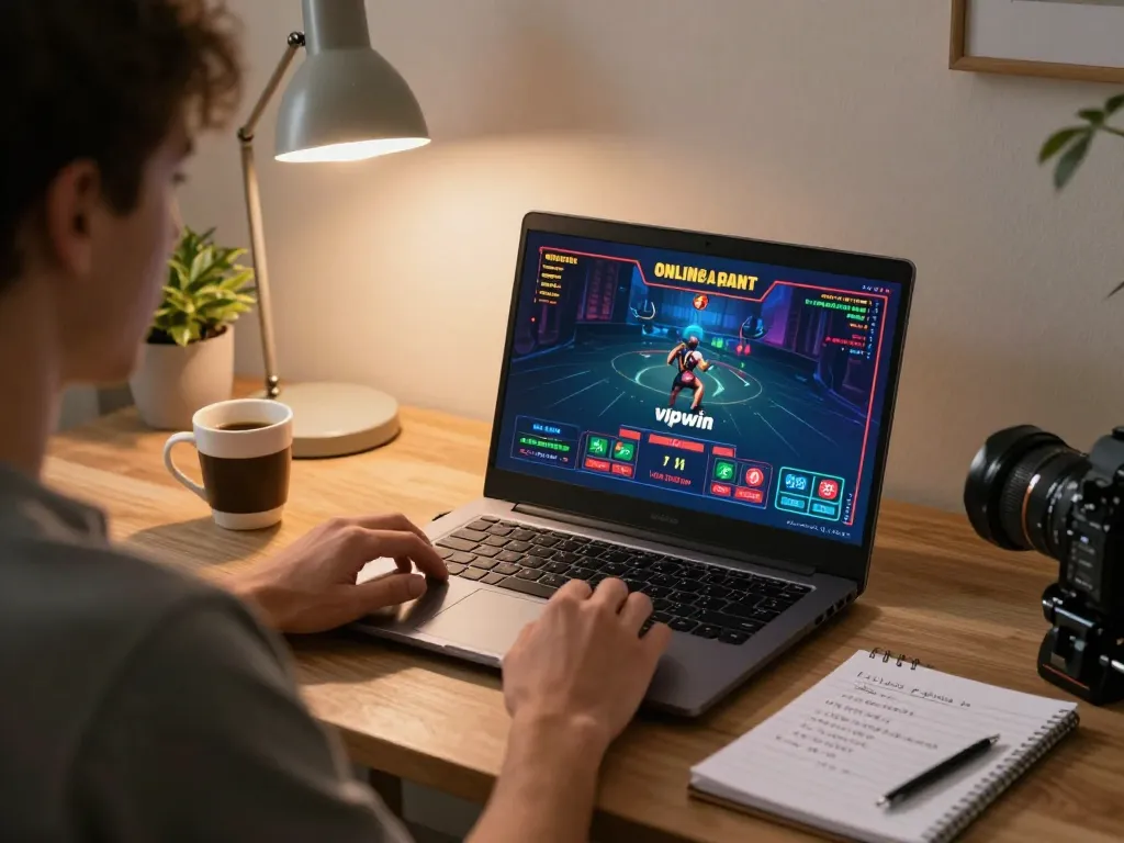 Player enjoying vipwin online casino game in cozy home office with stylish decor and betting strategy notes.