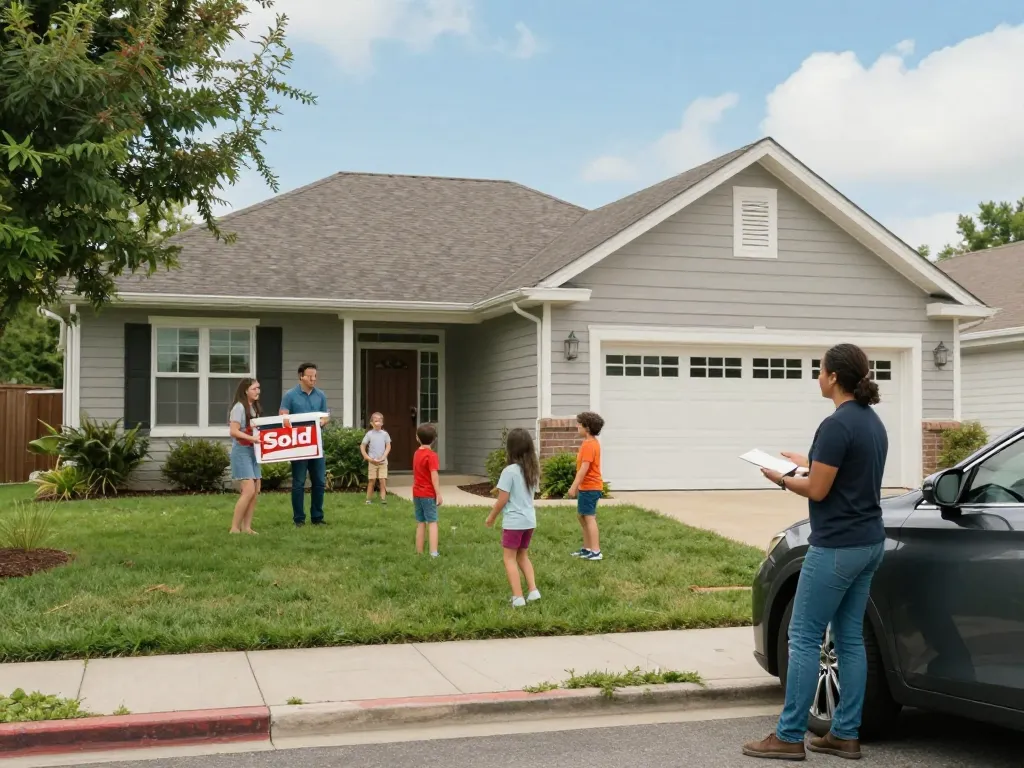 We buy houses for cash with a family celebrating their home sale in a sunny suburban setting.