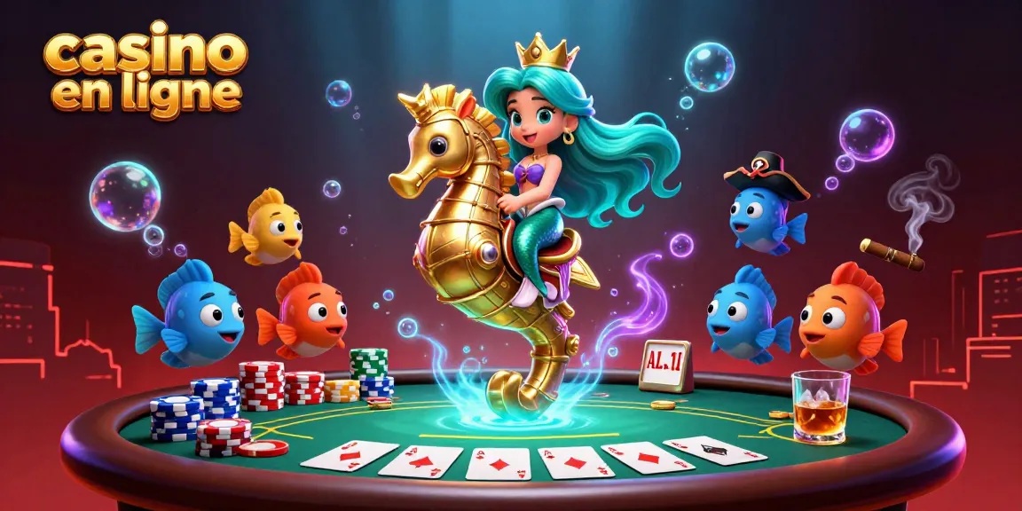 Casino en ligne : Illustration dynamique d'une sirène et un hippocampe jouant aux cartes sous l'eau
