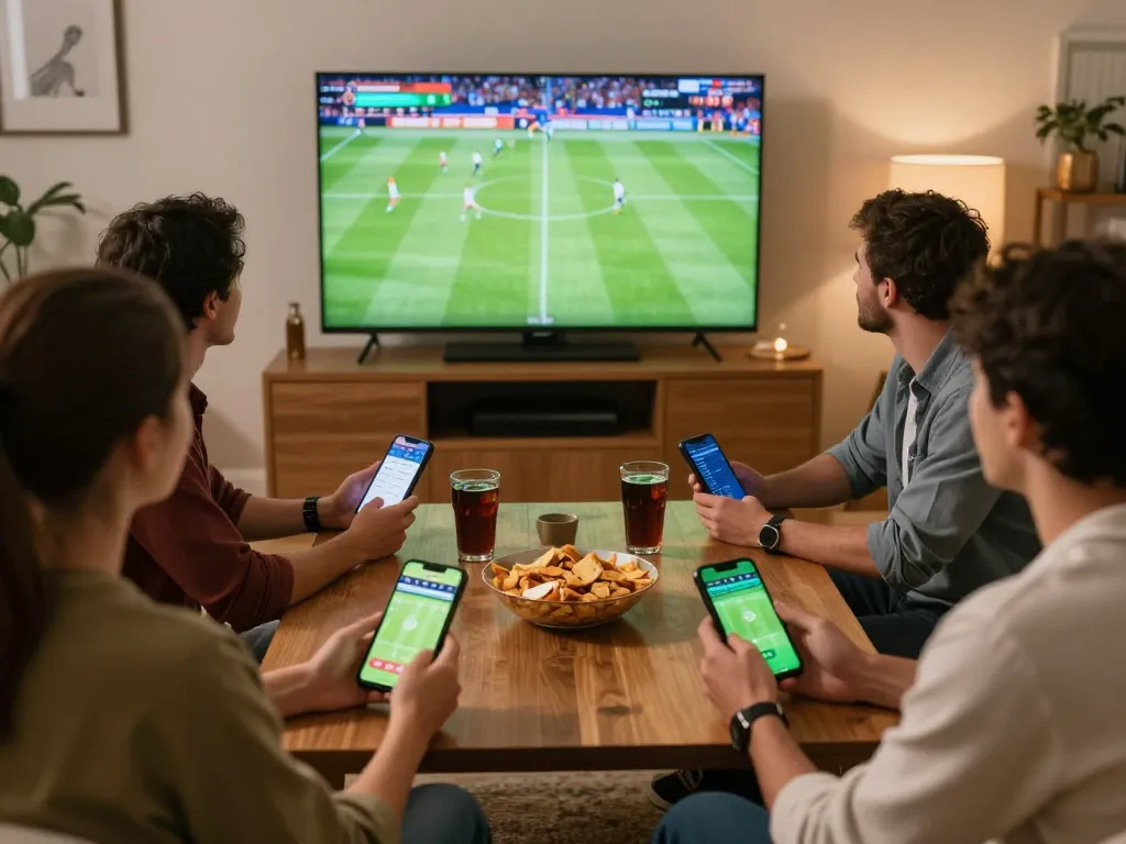 Friends engaging in sports betting on BK8 while watching a Premier League match at home