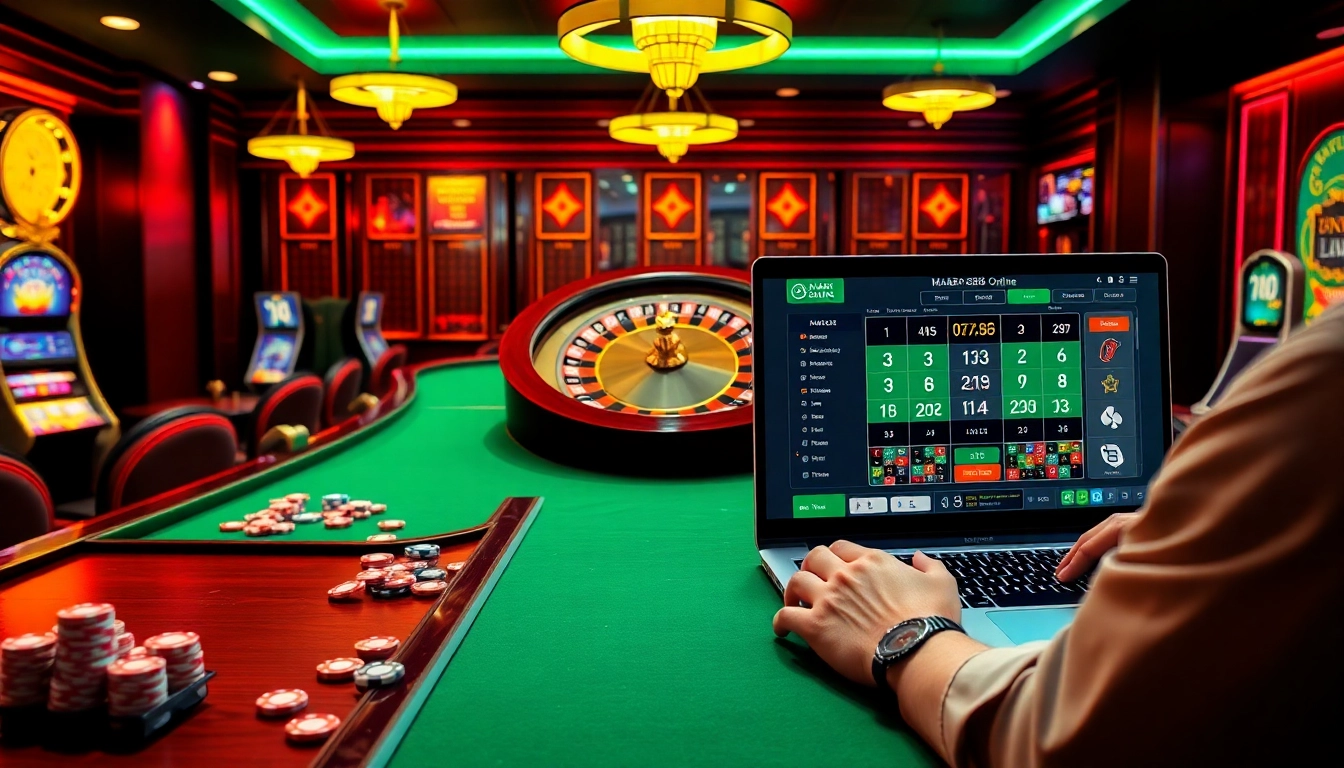 Kegembiraan bermain MABAR88 Online digambarkan melalui adegan kasino yang hidup dengan mesin slot, chip poker, dan rolet.