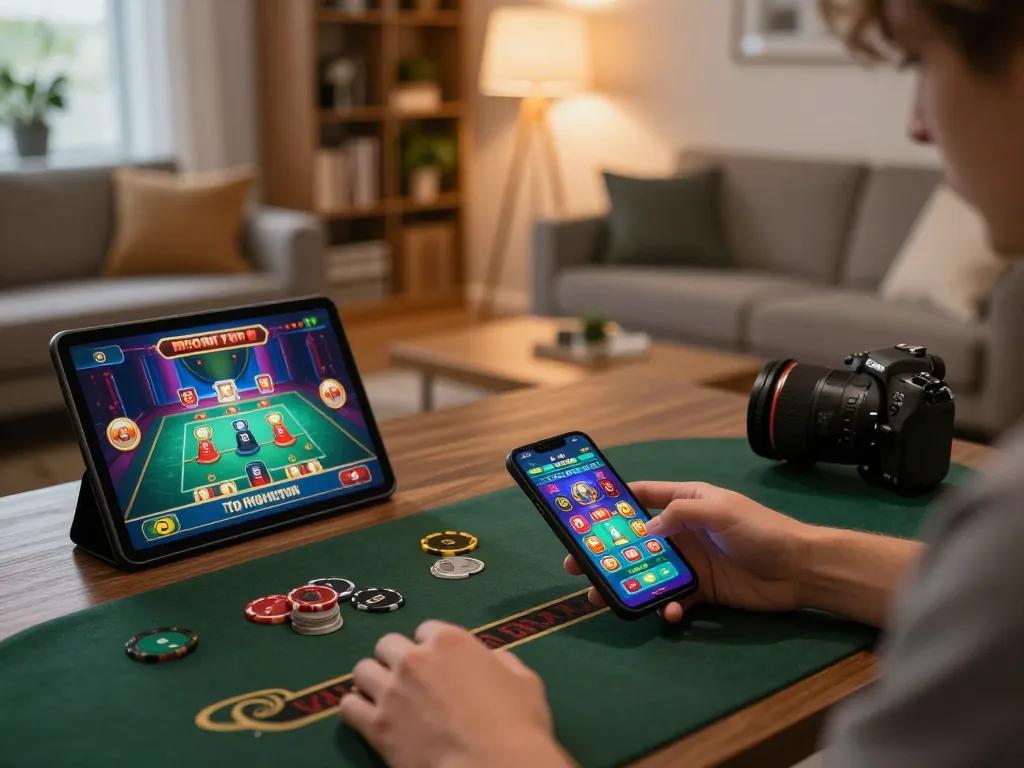 Person engaging in online gambling with a smartphone at home showcasing nha cai uy tin features