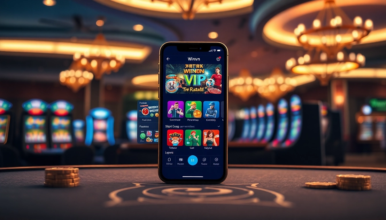 Winvn vip interface on a smartphone featuring vibrant casino graphics for an exciting experience.