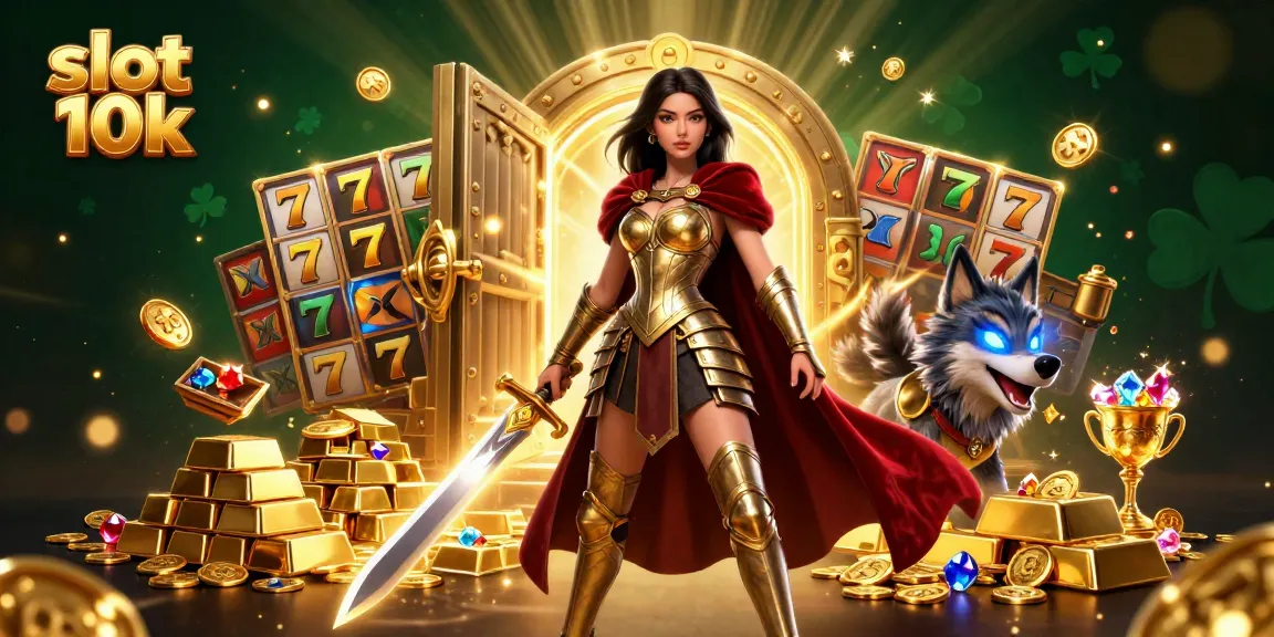 Engage in thrilling 'slot 10k' action with an enchanting warrior princess and her armored wolf companion.