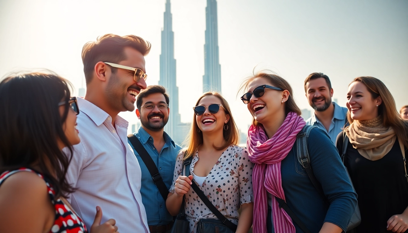 Group of tourists experiencing a vibrant dubai full day city tour with landmarks.