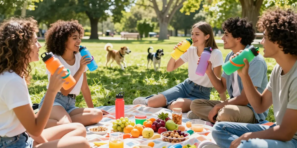 Refreshing water bottle with smell ring amidst a picnic scene in the park.