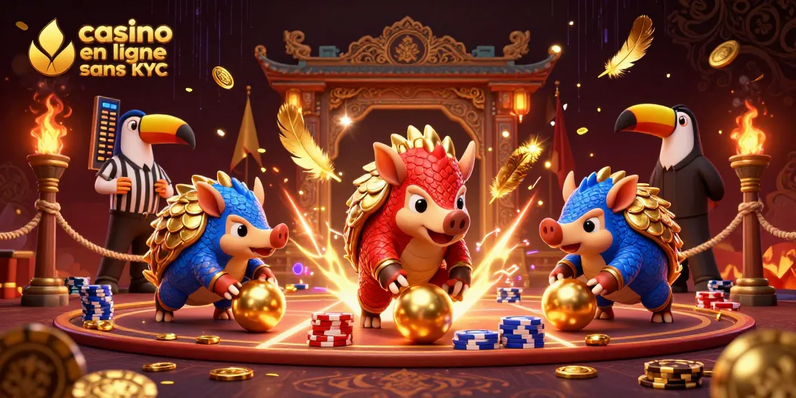 Participer à un casino en ligne sans KYC avec des pangolins rivalisant parmi les jetons de poker dorés.