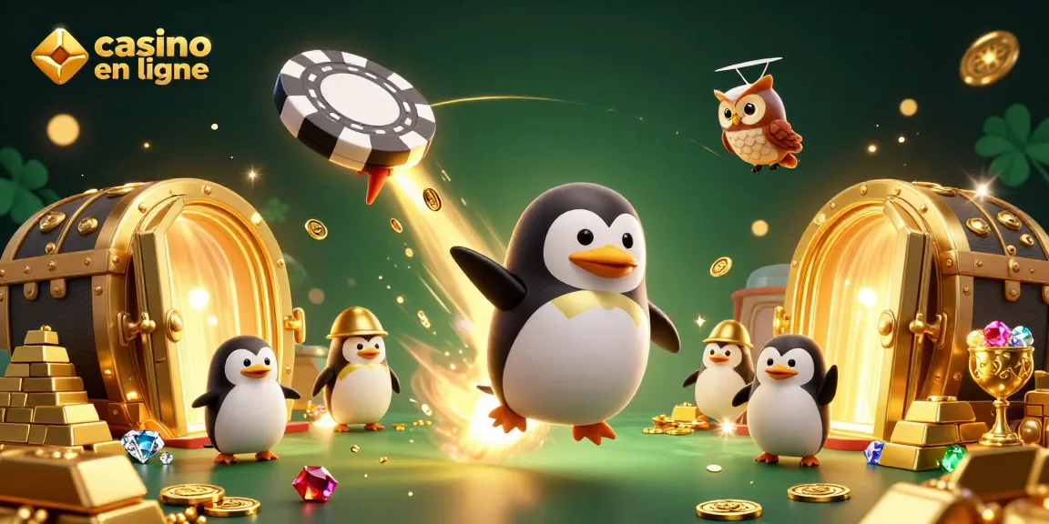 Le casino en ligne offre une illustration 3D colorée d'un pingouin doré propulsé dans l'espace, entouré de trésors et d'effets d'or.