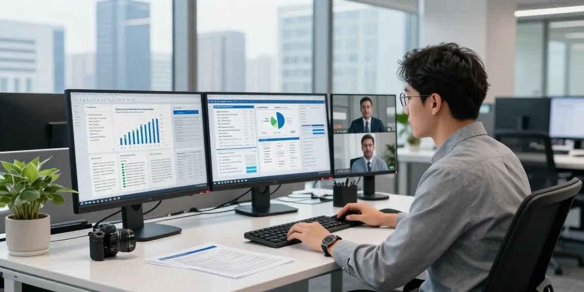 Business analyst evaluating financial crime intelligence data in modern office setting with multiple monitors.