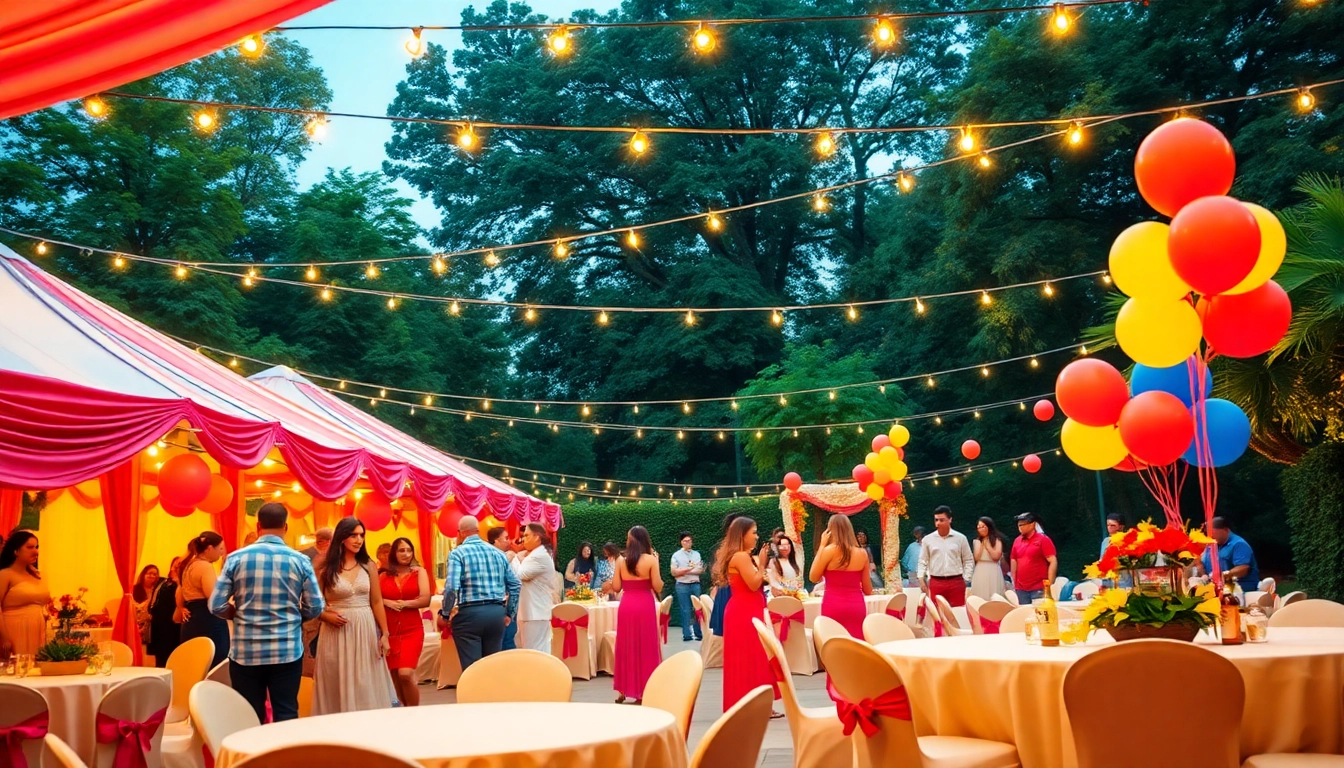 Guests enjoying a joyful outdoor event with Party Rentals, including decorated tables and balloons.
