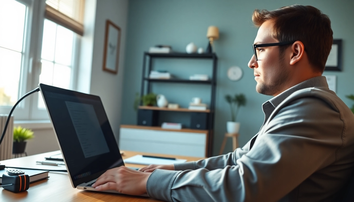 Pay someone to take my comptia exam, a professional focused on a laptop in a modern home office.