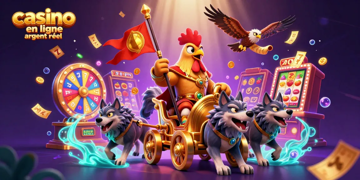 Illustration dynamique de casino en ligne argent réel avec un coq seigneur guerrier et des éléments de jeu.