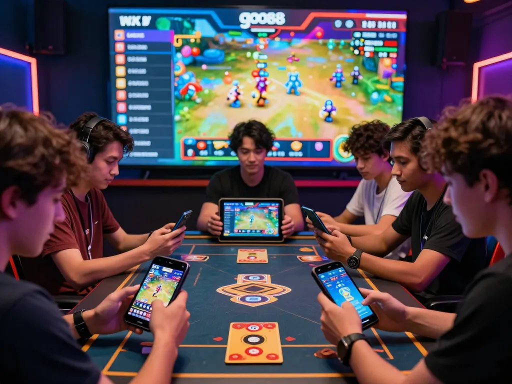 A diverse group of players enjoying go88 online gaming, capturing a vibrant multiplayer atmosphere with digital displays and energetic lighting.