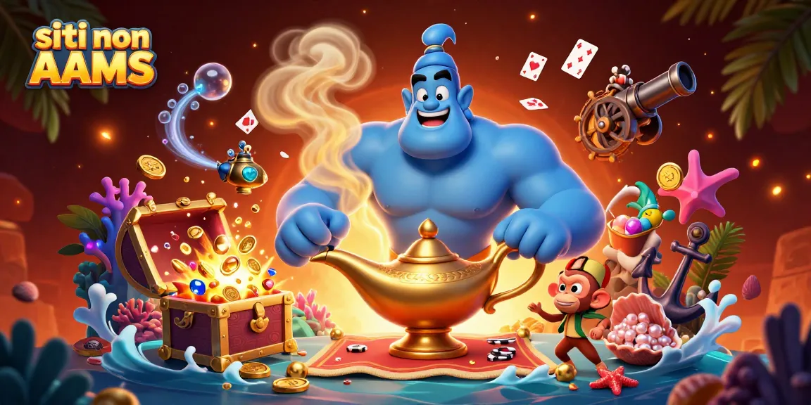 Gioca nei siti non AAMS con un genio blu vibrante e un tappeto magico ricco di gettoni da poker.
