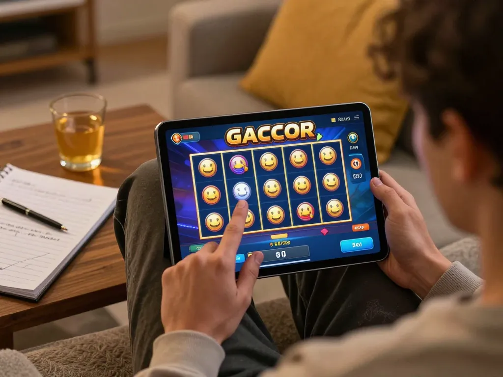 Engaging in situs slot gacor gameplay on a tablet, showcasing strategic notes and a cozy atmosphere