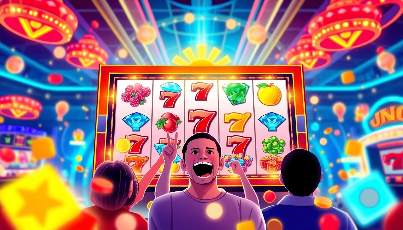 Slot88 permainan slot online menarik dengan simbol warna-warni dan pemain antusias.