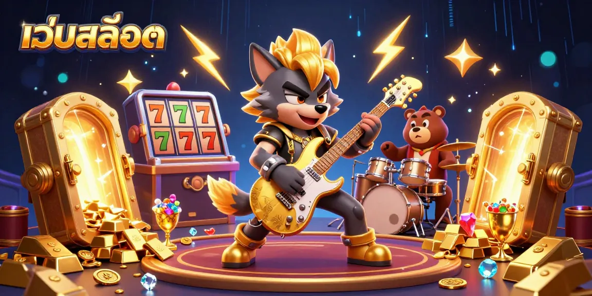 Experience thrilling เว็บสล็อต with a rock star wolf on stage amidst gold treasures and slot reels.