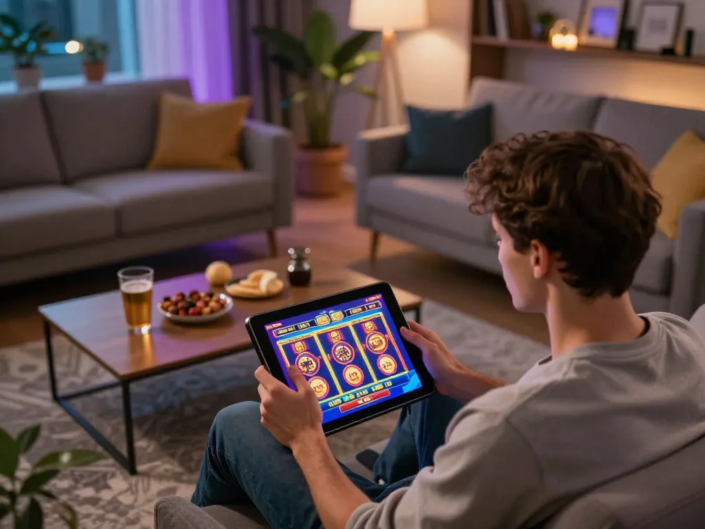 Engaging in online gaming with a slot bonus new member offer on a tablet in a cozy living room setup.