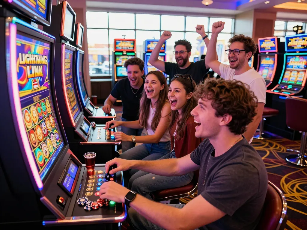 Friends playing the link slot machine in a vibrant Las Vegas casino filled with lights and excitement.
